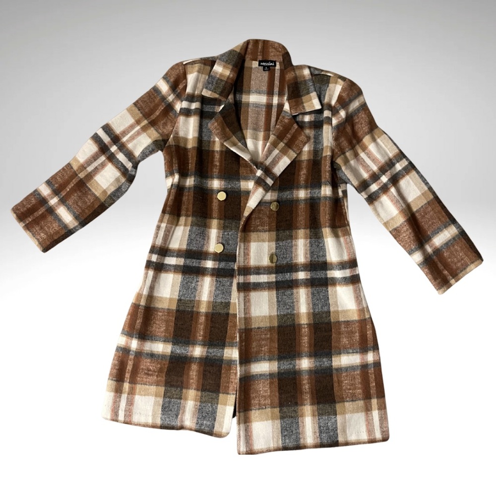 Beige and brown lightweight peacoat/blazer with gold accent buttons